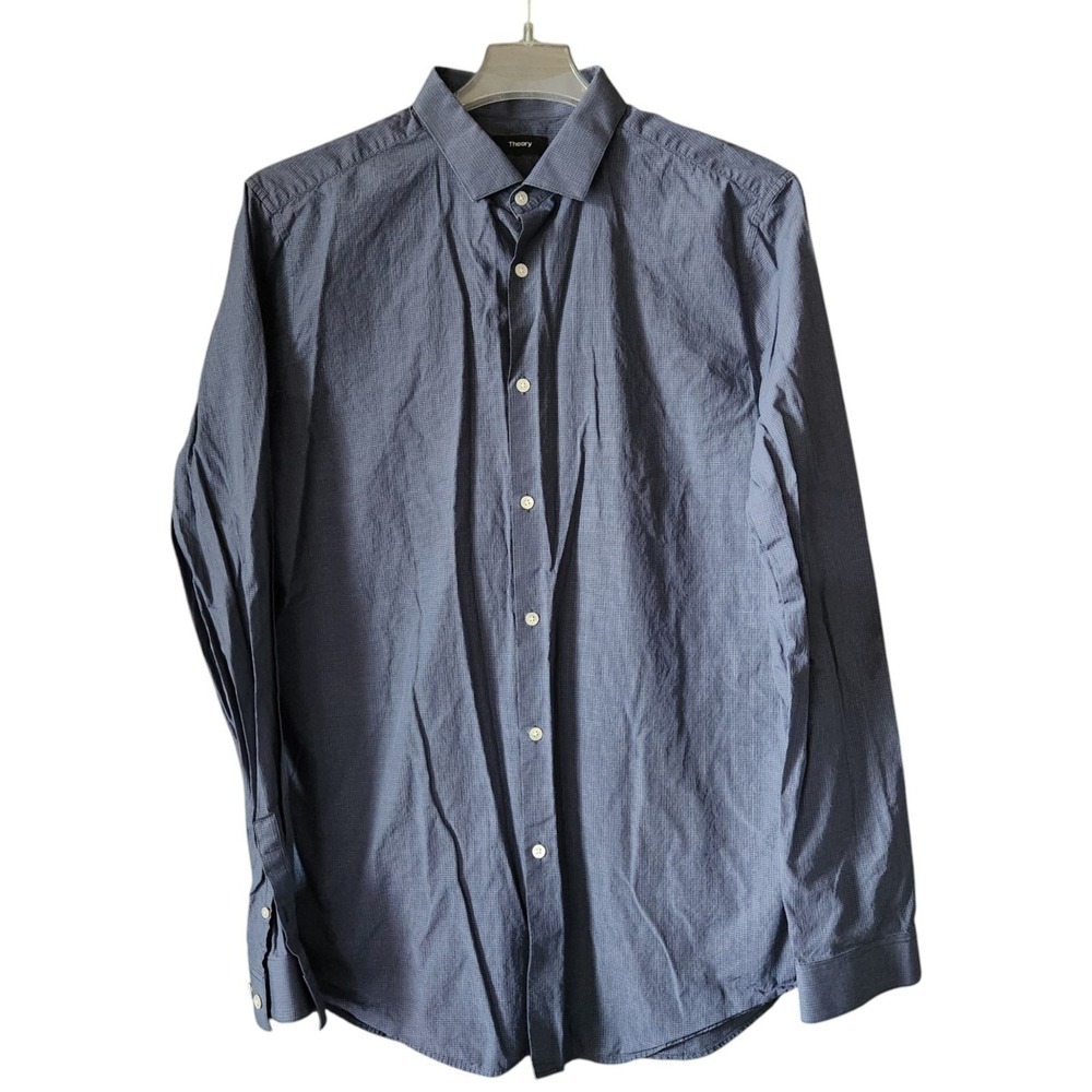 Theory Button Up Shirt‎ Mens  17 Large Plaid Micro Check Print Lightweight Blue